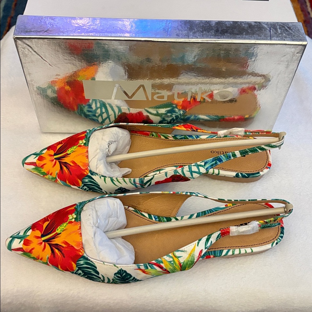 🦜 Matiko Lori Hawaiian Print Flat Pointed Toe Slingback Shoes. New! - Picture 3 of 9